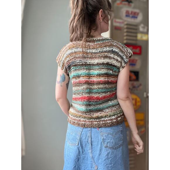 Vintage 80s Woven Leather Knit Top | Handmade Southwest Ribbon Weave | M/L - Picture 3 of 10